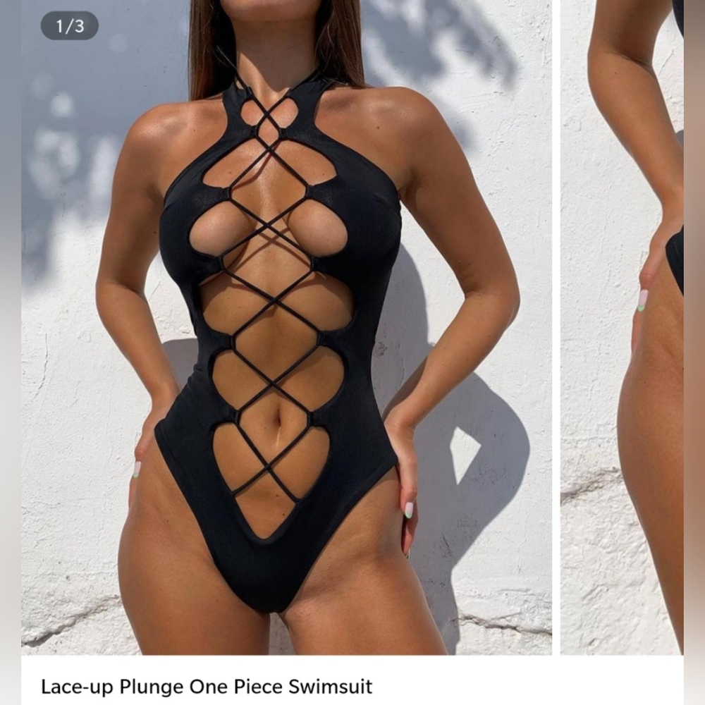 Black lace up plunge one piece swimsuit